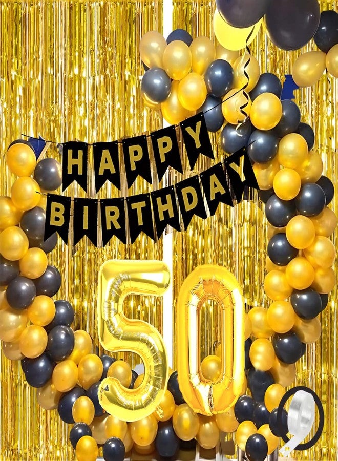 Flyloons 50th Black Gold Happy Birthday Decoration for Girls Kids Boys with Black Happy Birthday Banner,Black,Gold Balloons, Golden Foil Curtain,Arch Tape birthday celebration half century - Image 1